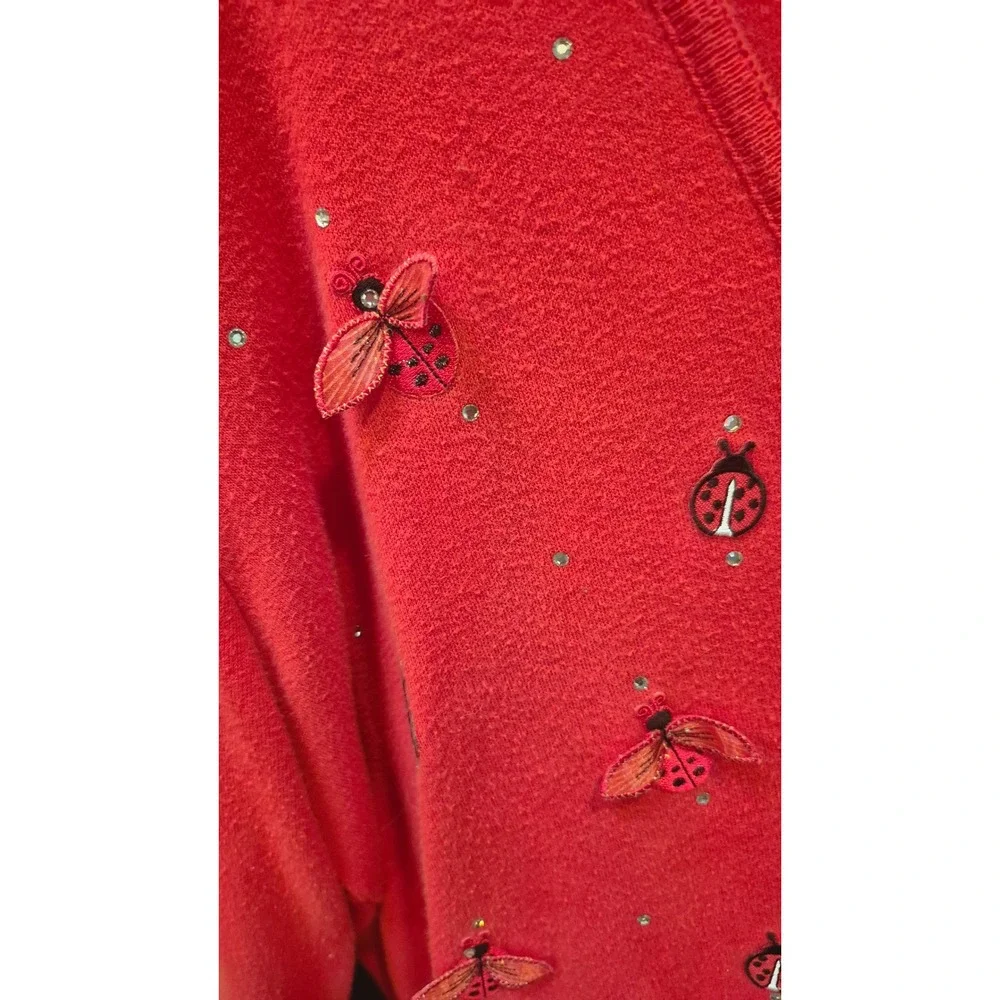 Vintage Las Olas Red Cotton Twinset Ladybug Embroidered Cardigan Shell XL USA